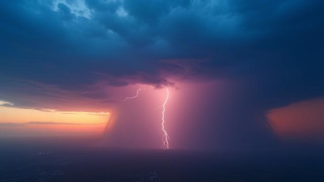 Drohne fliegt über ein Gewittersturm bei Sonnenuntergang