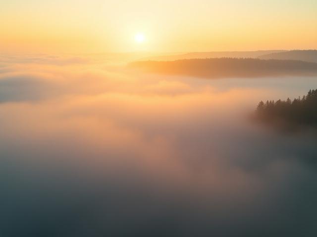 Luftbild eines Nebelmeeres über sanften Hügeln bei Sonnenaufgang